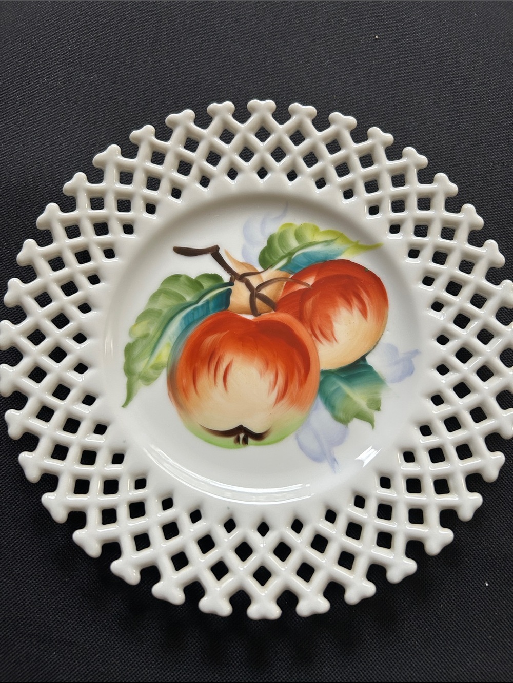 Lefton White Lattice Porcelain Plate with Red-Orange Apple Motif